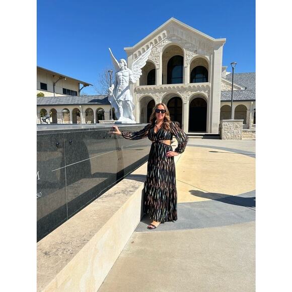 SHOSHANNA Black Georgette Metallic Ribbon Waist Cinching Cutout Randi Dress 14 - Picture 11 of 15